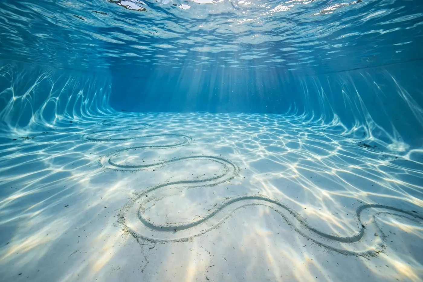 Pool floor seen through clear water with the vacuum cleaner's winding trail lines
