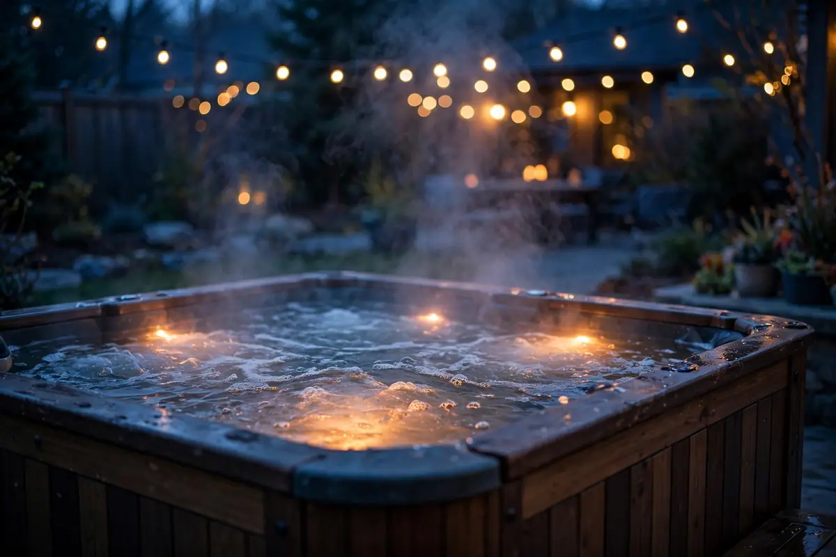 Hot tub spa with steam rising at dusk